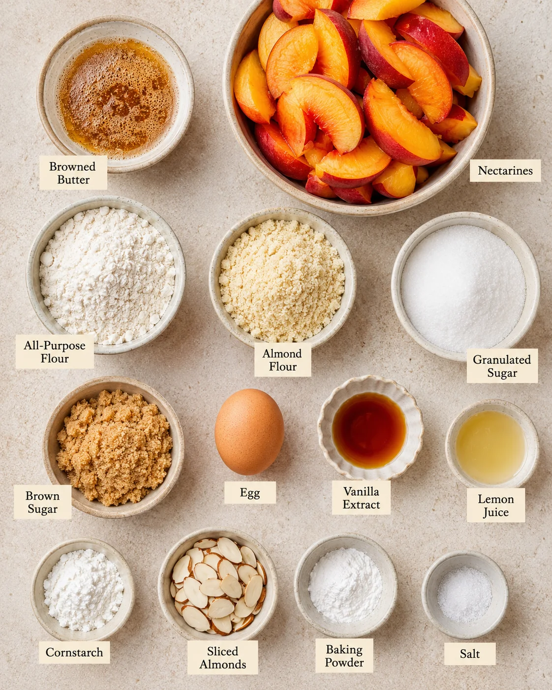 Ingredients for nectarine crumble bars including nectarines, browned butter, and almond flour.