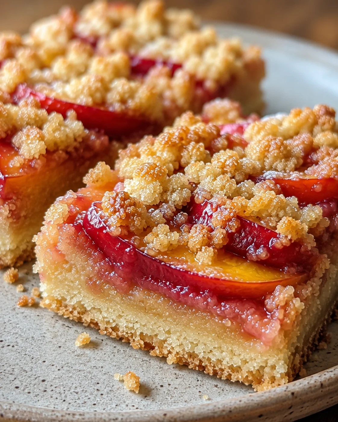 Close-up of golden, crumbly nectarine crumble bars with red fruit filling