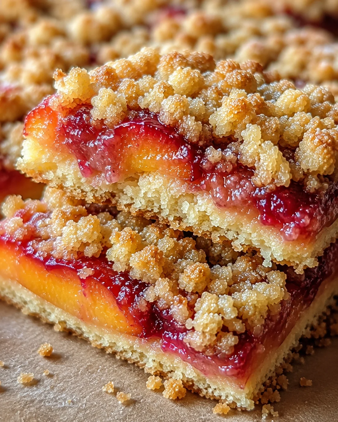 Close-up of a delicious nectarine crumble bar with golden topping and juicy fruit filling.