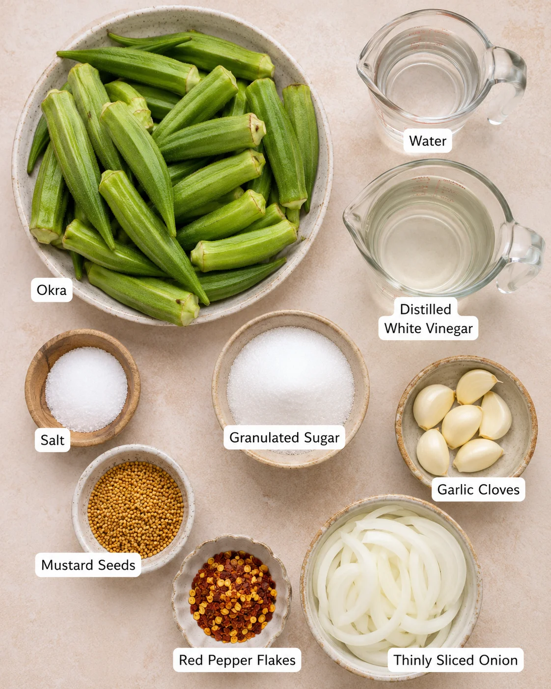Fresh okra, vinegar, garlic, and spices ready for pickling.