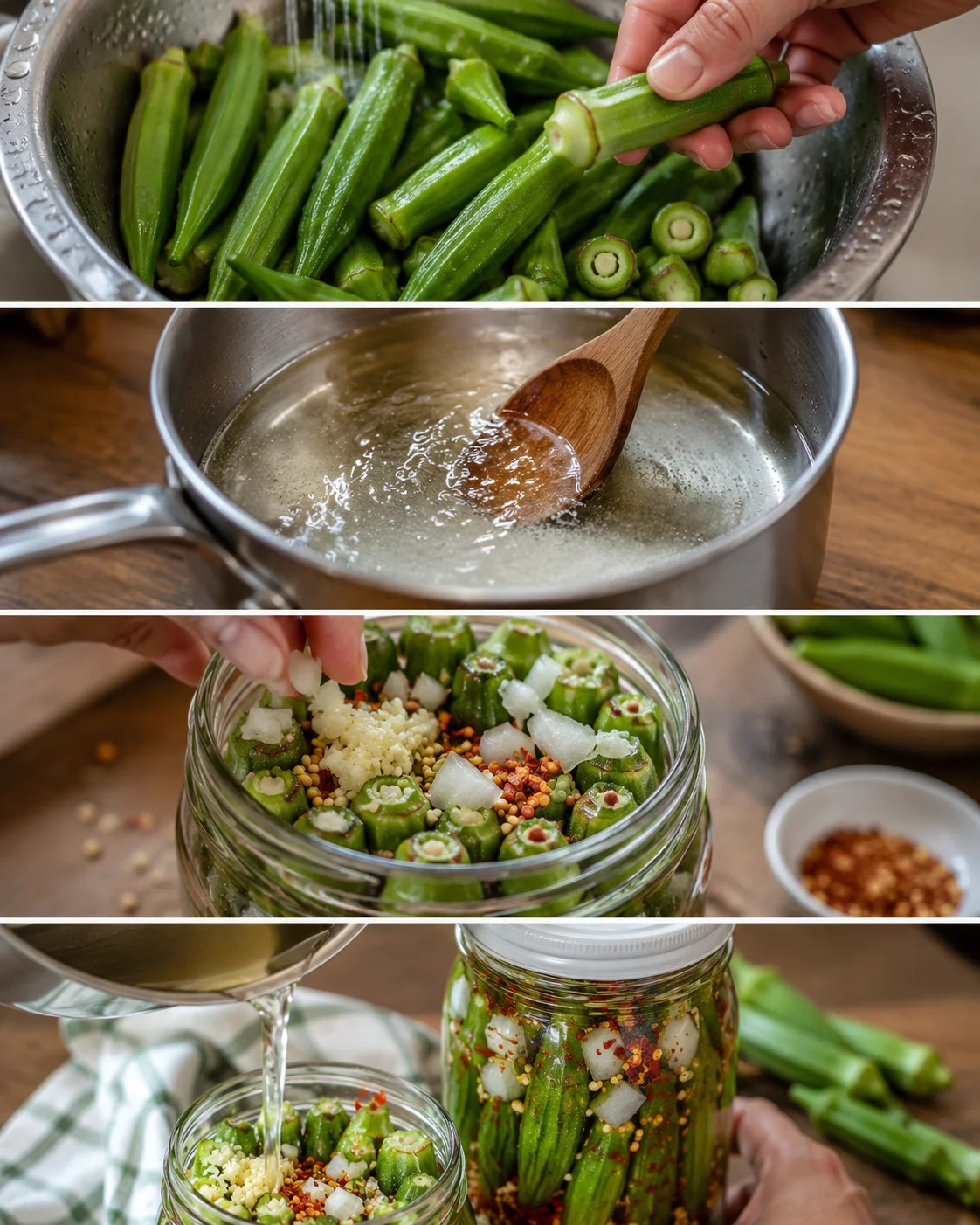Fresh okra being prepared for sweet-heat pickling in a glass jar