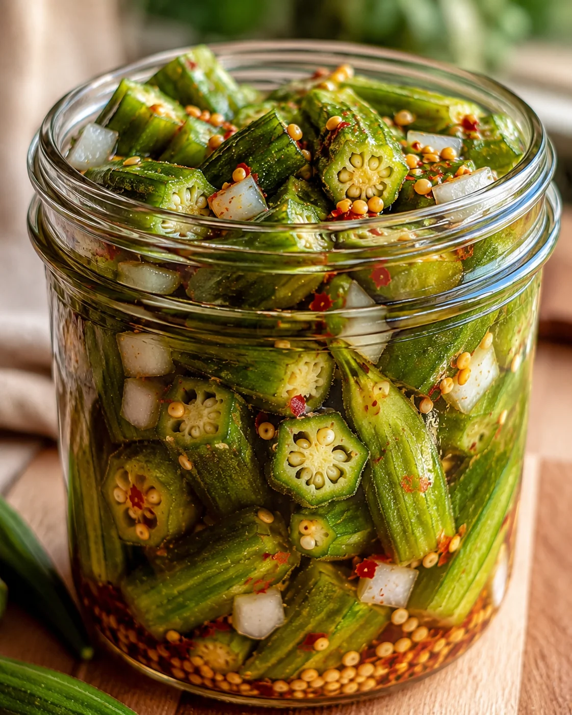 Jar of spicy and tangy pickled okra with chili flakes and garlic pieces