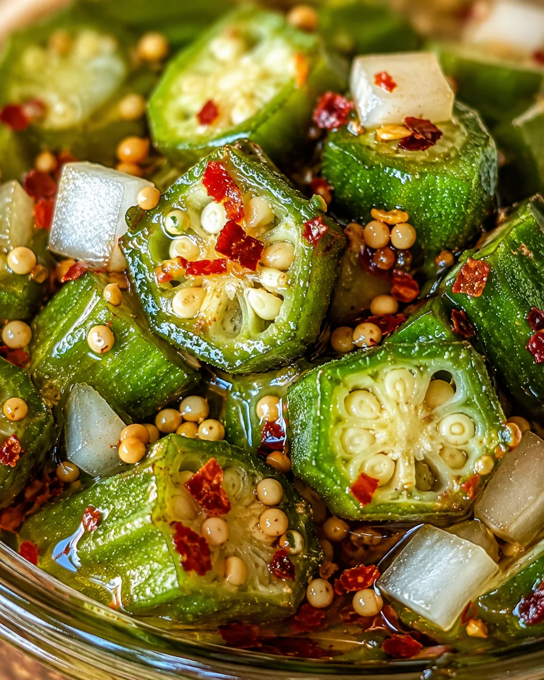 Close-up of crunchy pickled okra with spices and brine in a jar