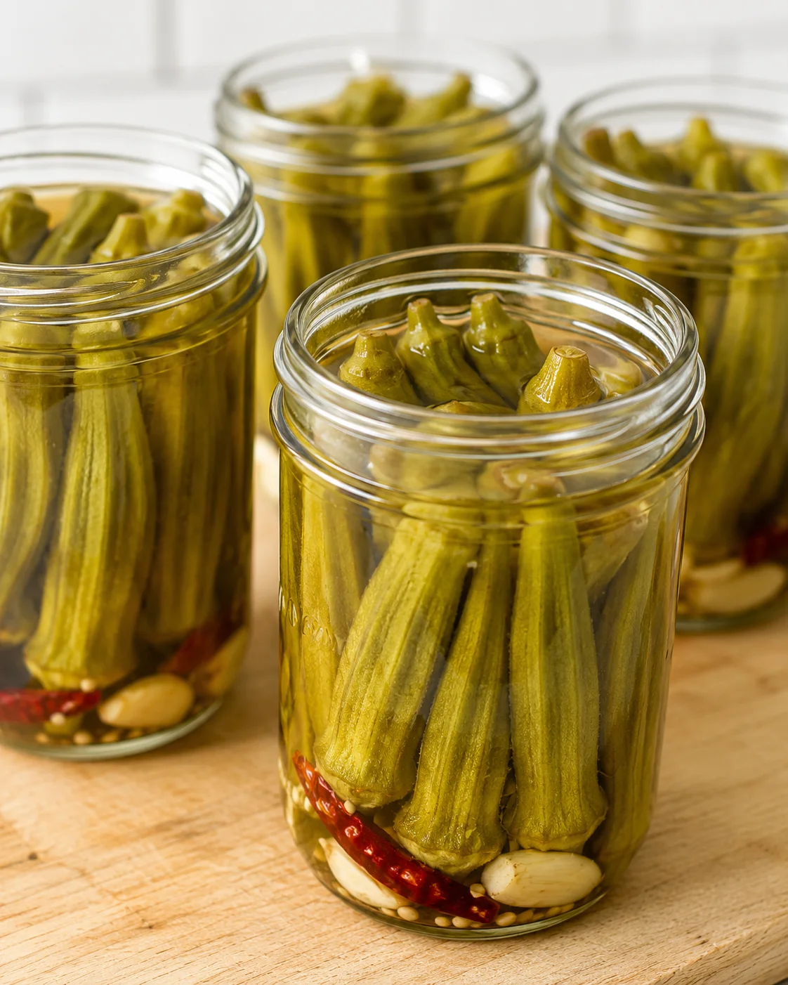 Jars filled with crispy pickled okra and garlic on a wooden surface