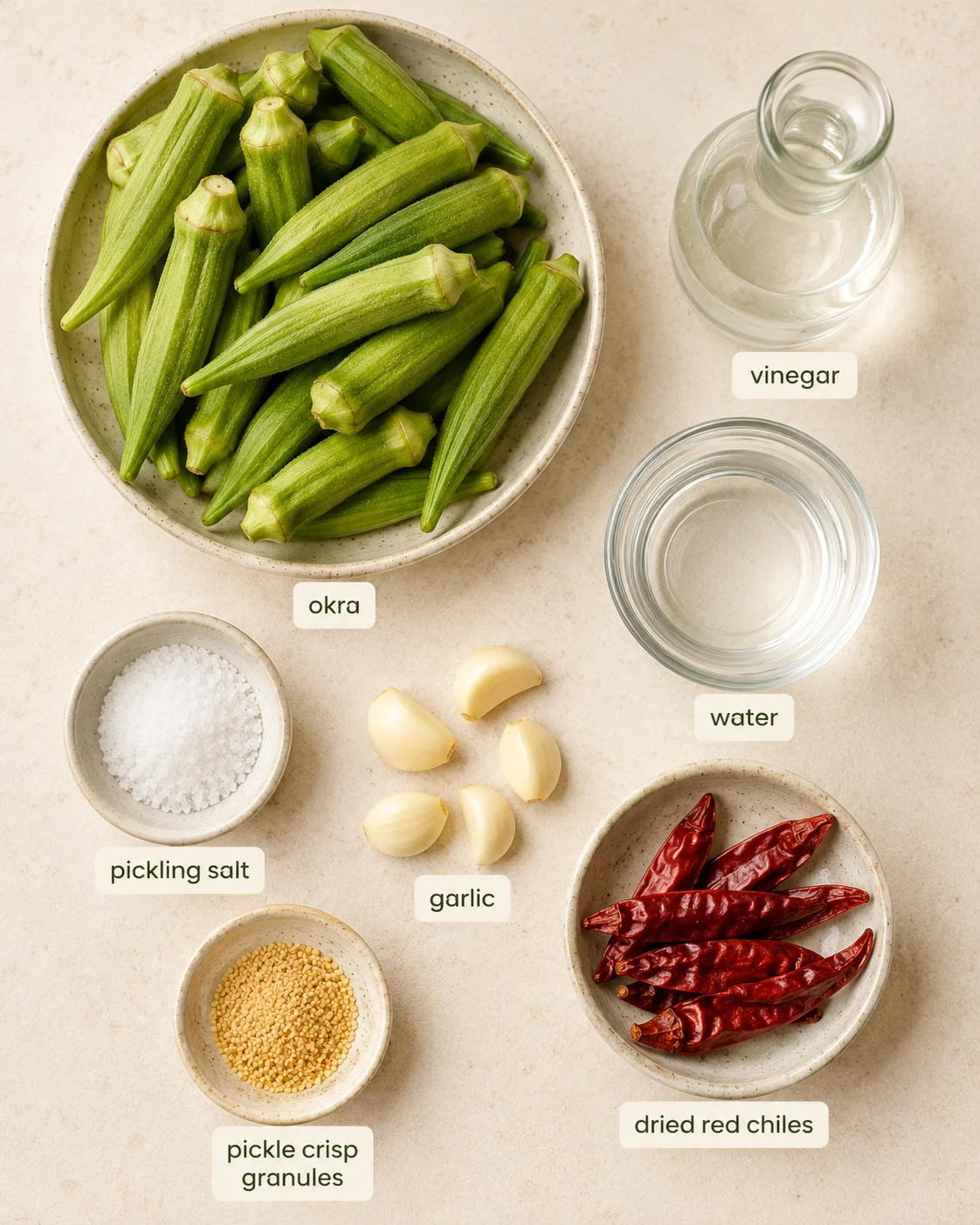 Fresh okra pods with ingredients for crispy pickled okra displayed nearby.