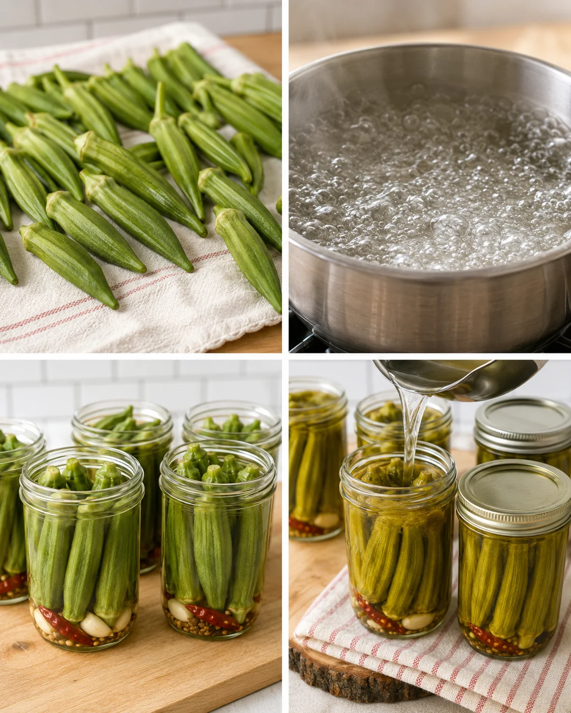 Fresh okra pods being prepared for easy pickling process on a wooden table.