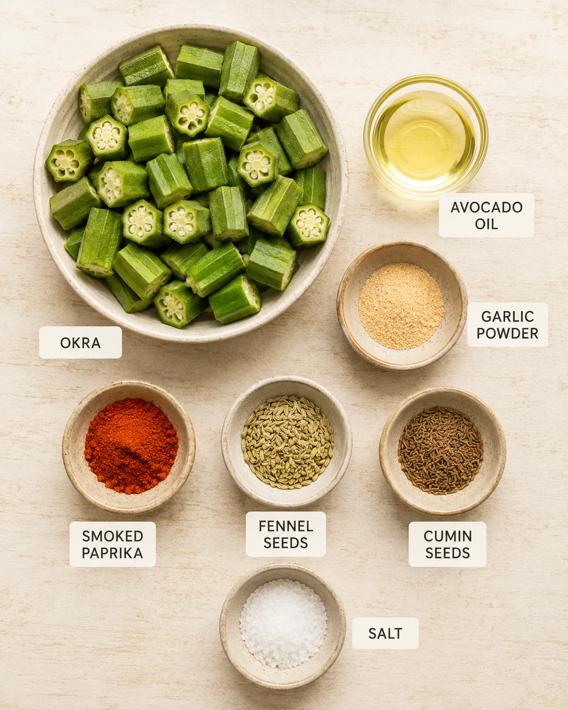 Fresh sliced okra with spices and oil prepared for roasting.