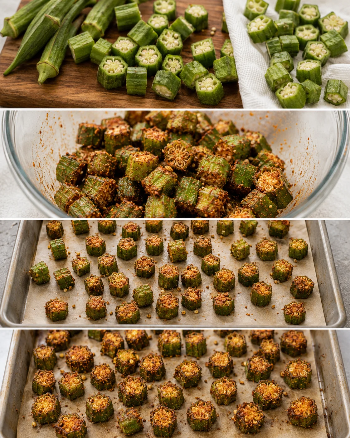 Steps of preparing crispy roasted okra with sliced fresh okra and seasoned pieces baking.