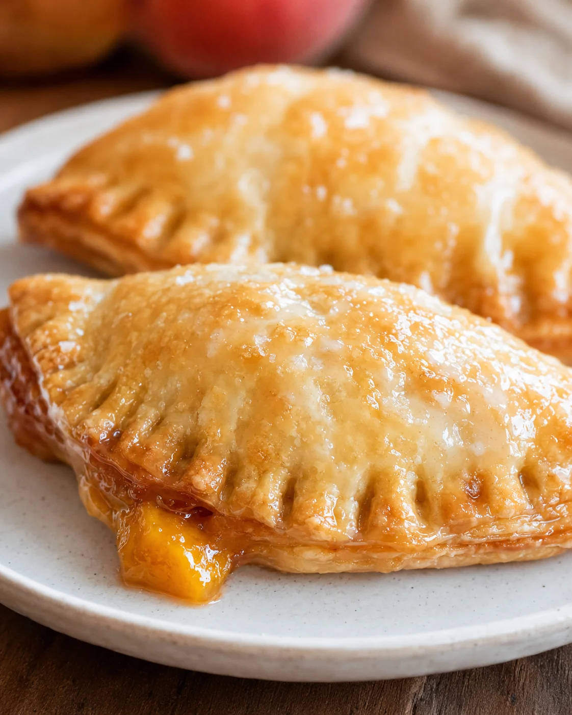 Golden peach hand pies filled with juicy fruit and topped with glaze.