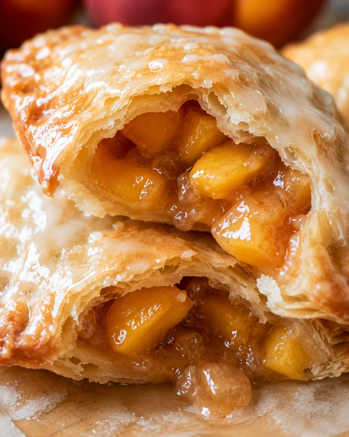 Close-up of a juicy peach filling inside a flaky, golden crust hand pie.