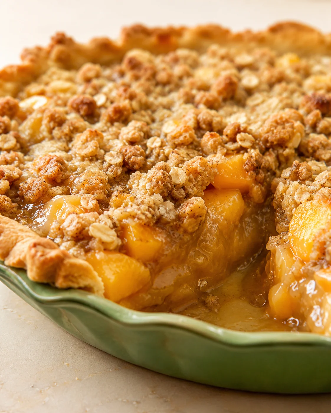 Close-up of a homemade peach pie with crumb topping in a green dish.