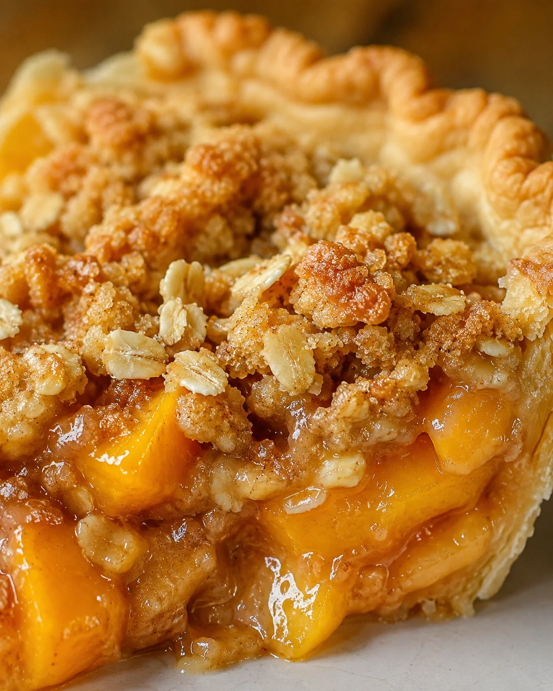 Close-up of a freshly baked peach pie with crumb topping and juicy filling
