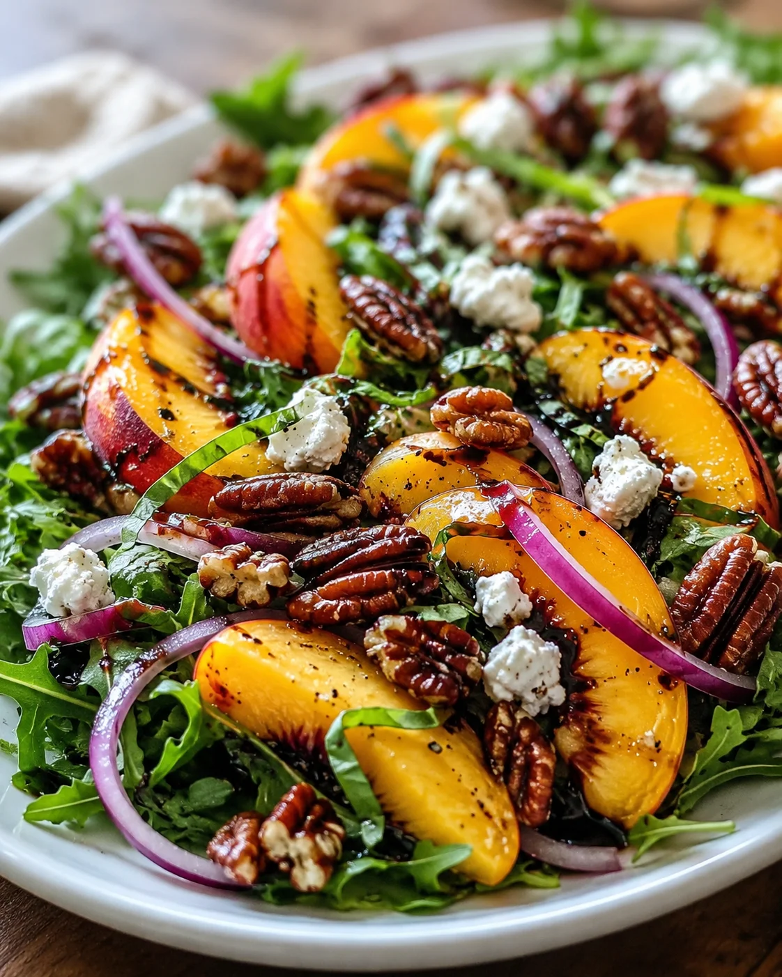 Colorful peach salad with greens, candied pecans, goat cheese, and balsamic glaze