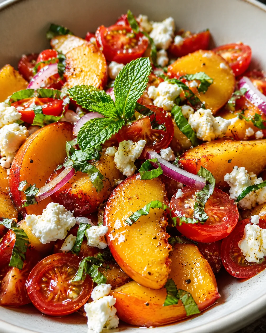 Colorful peach feta salad with herbs, tomatoes, and mint garnish.