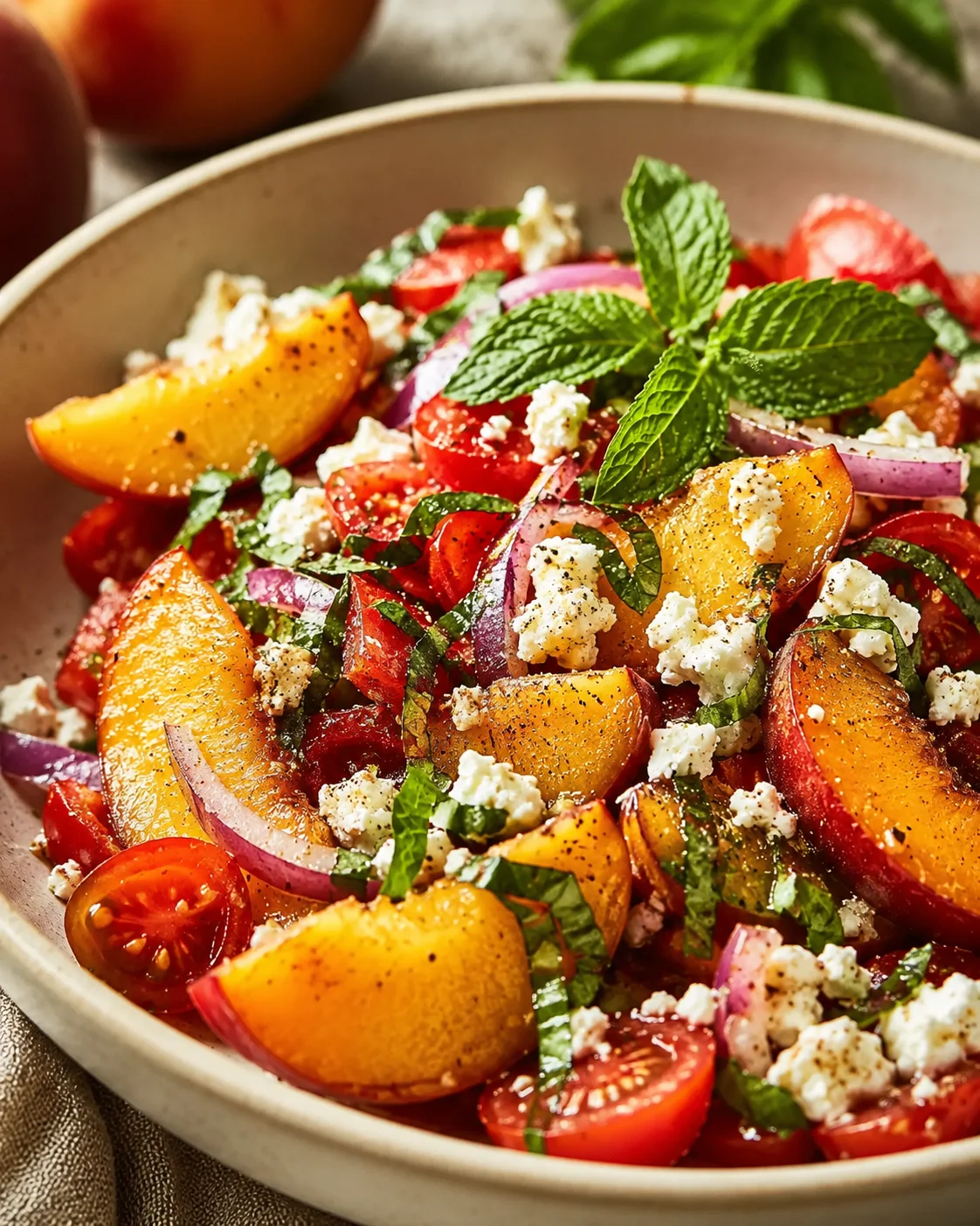 Colorful peach feta salad with fresh herbs and cherry tomatoes in a bowl