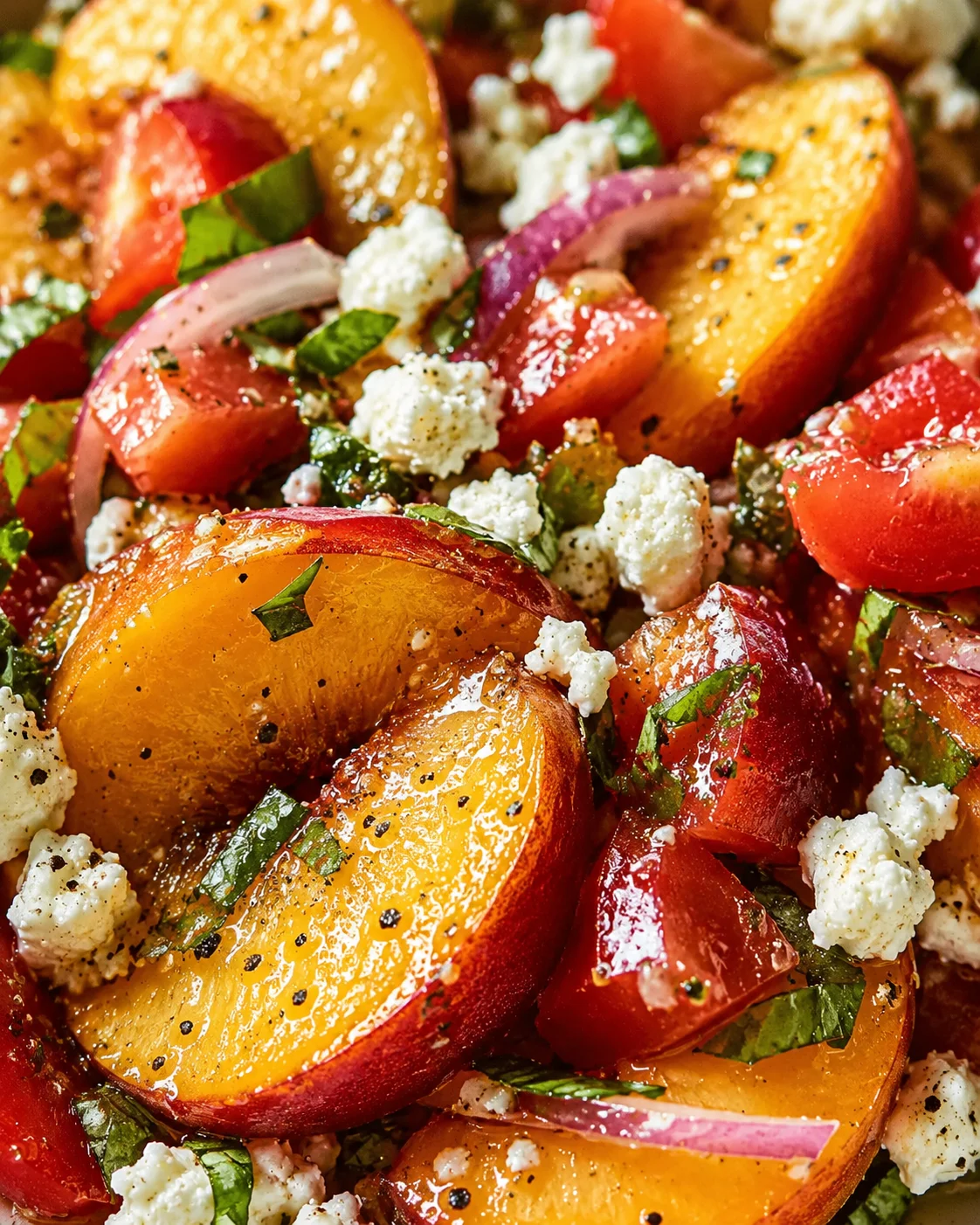 Colorful peach feta salad with herbs, tomatoes, and crumbled cheese close-up.