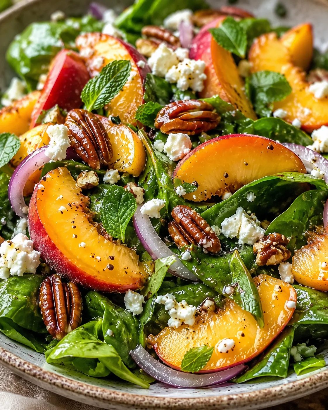 Colorful peach salad featuring slices of ripe peaches, greens, nuts, and feta
