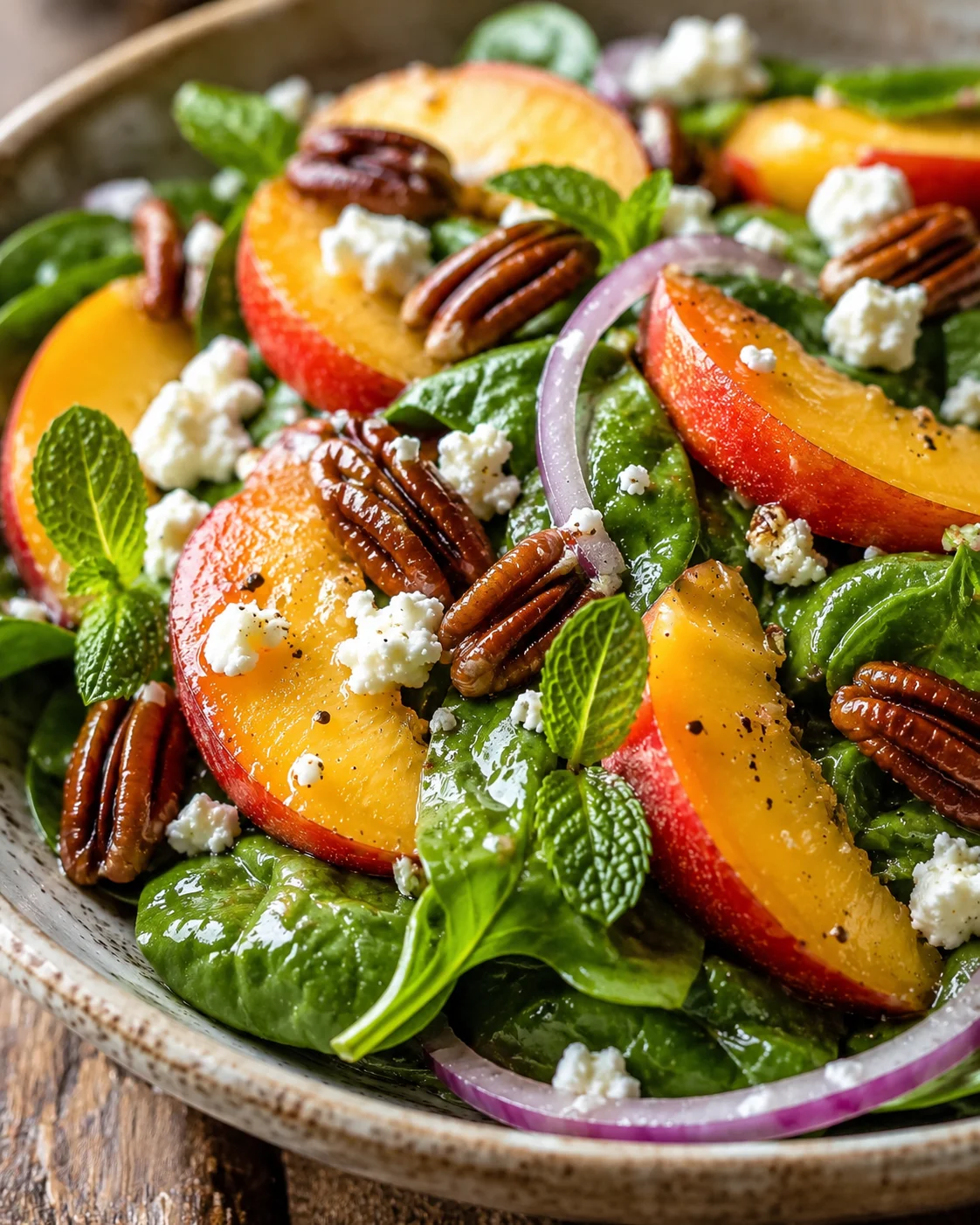Colorful peach salad with greens, nuts, and cheese on a rustic plate