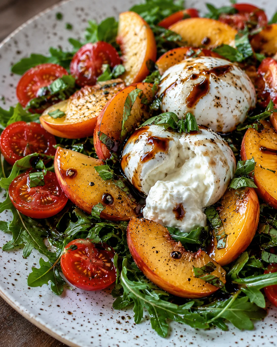 Colorful salad with peaches, burrata, tomatoes, basil, and balsamic drizzle