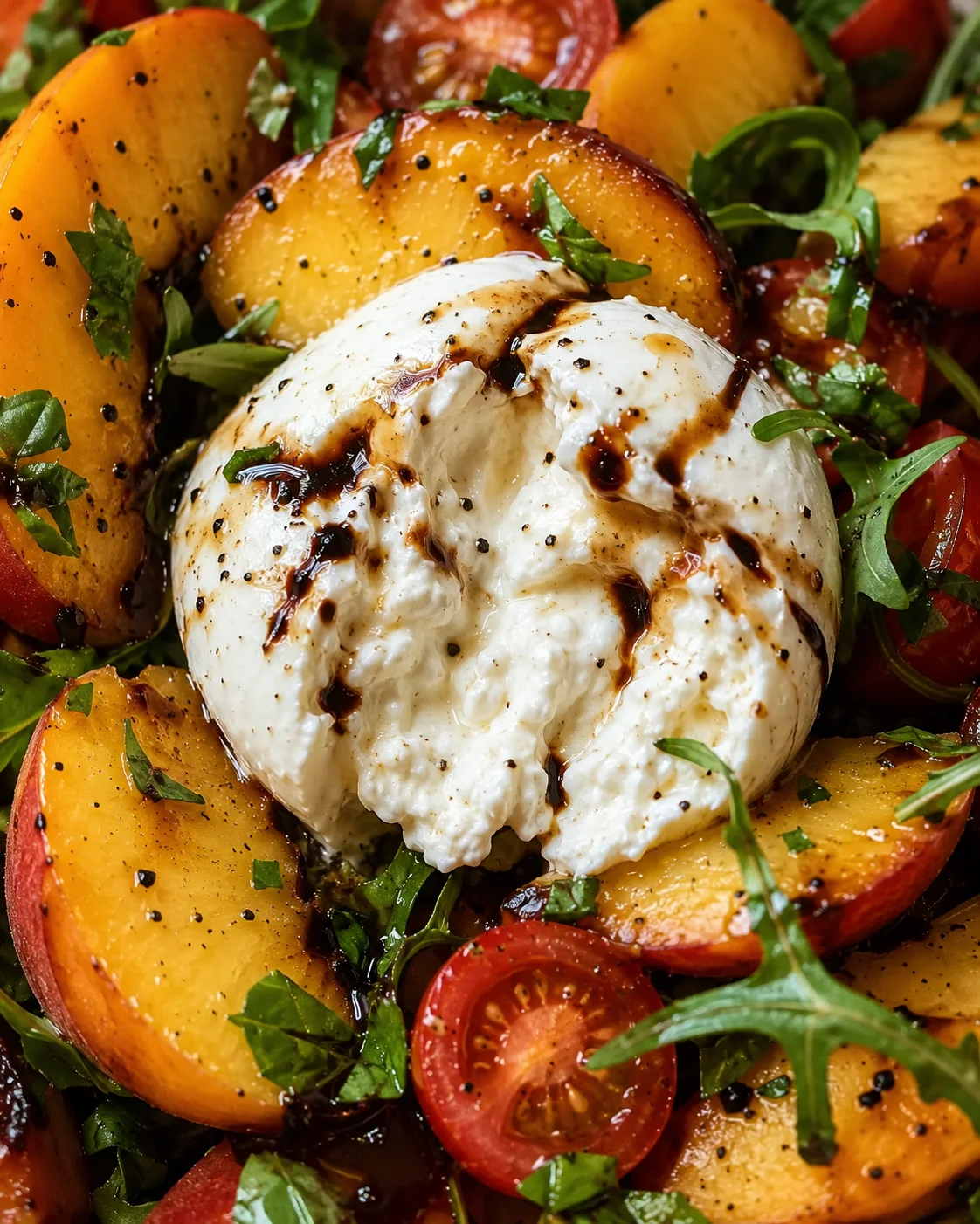 Close-up of a vibrant Peach Burrata Salad with basil, tomatoes, and balsamic glaze.
