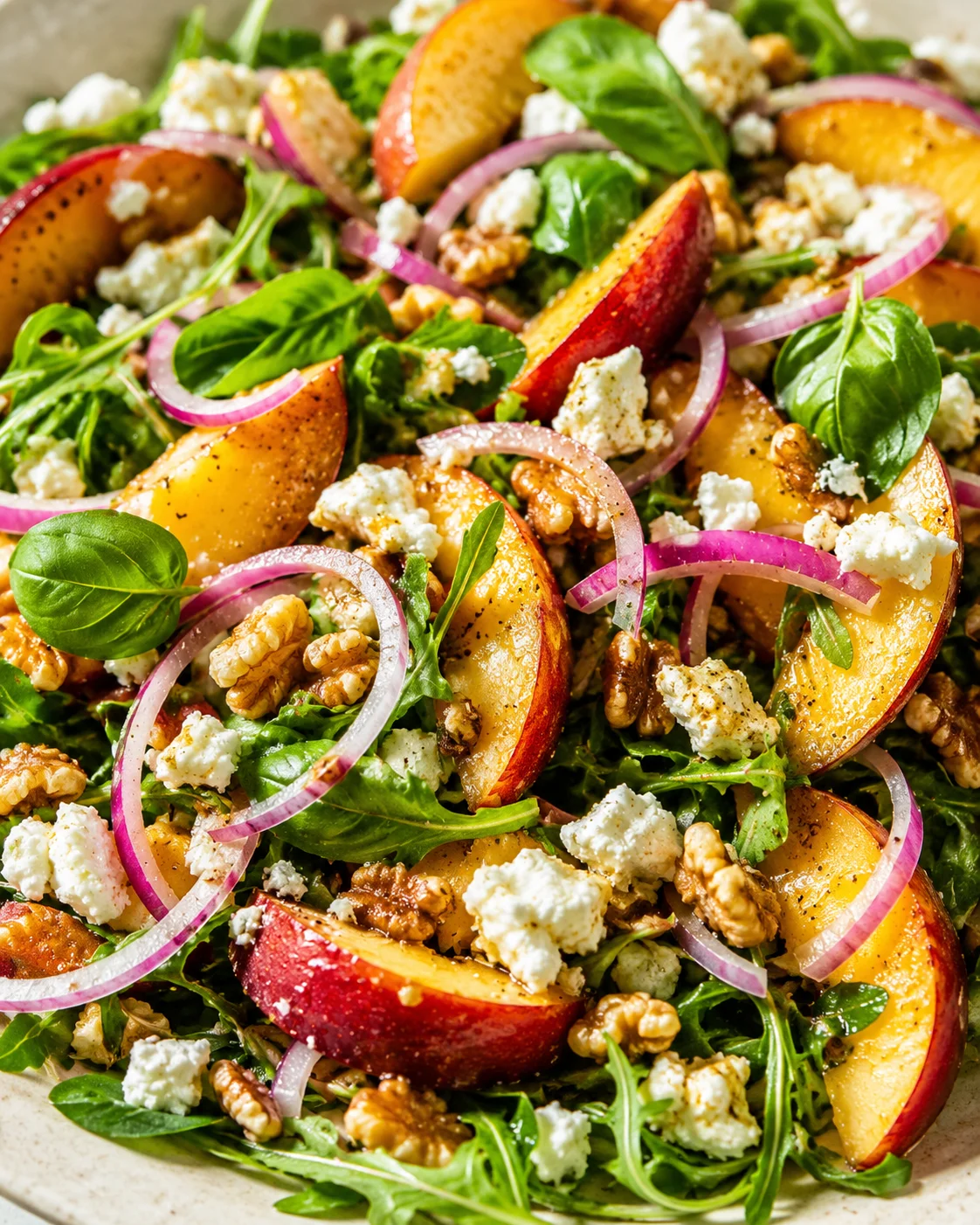 Mediterranean Peach Salad Delight Fresh peach salad with goat cheese, arugula, walnuts, and red onions