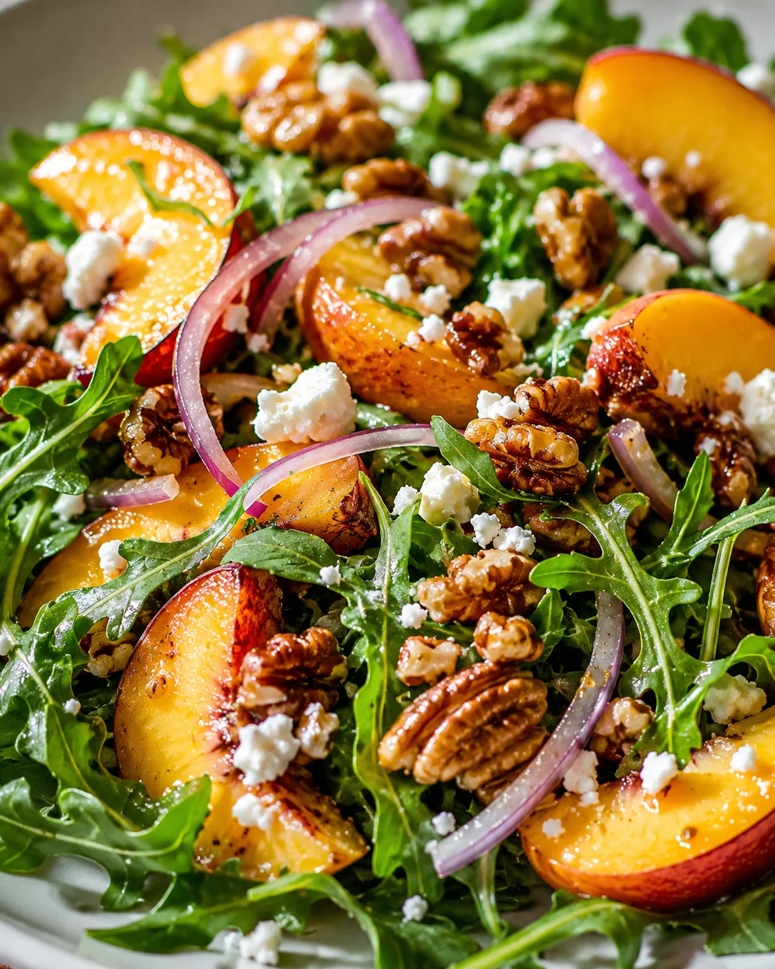 Colorful peach and arugula salad with walnuts, feta, and red onion slices.