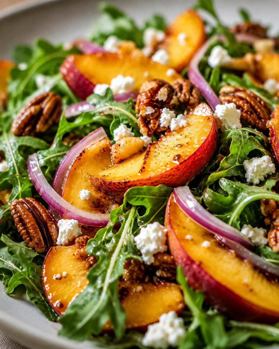 Colorful peach and arugula salad topped with nuts and cheese