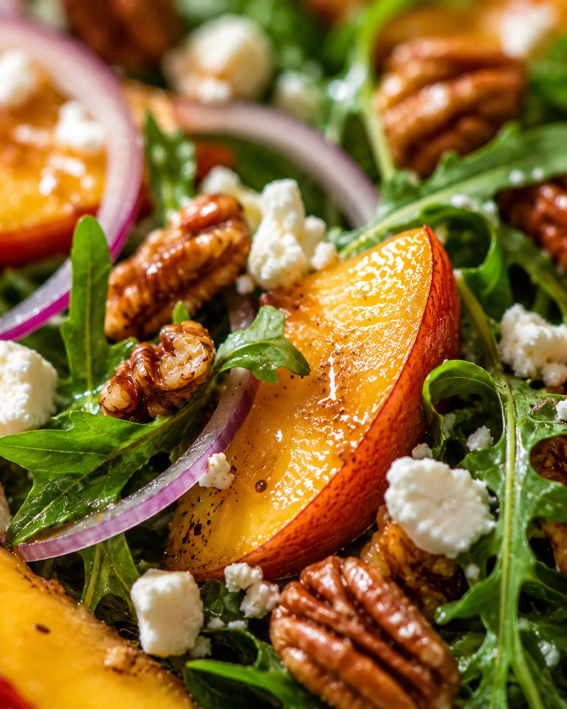 Close-up of colorful peach, arugula, nuts, and cheese in a vibrant salad