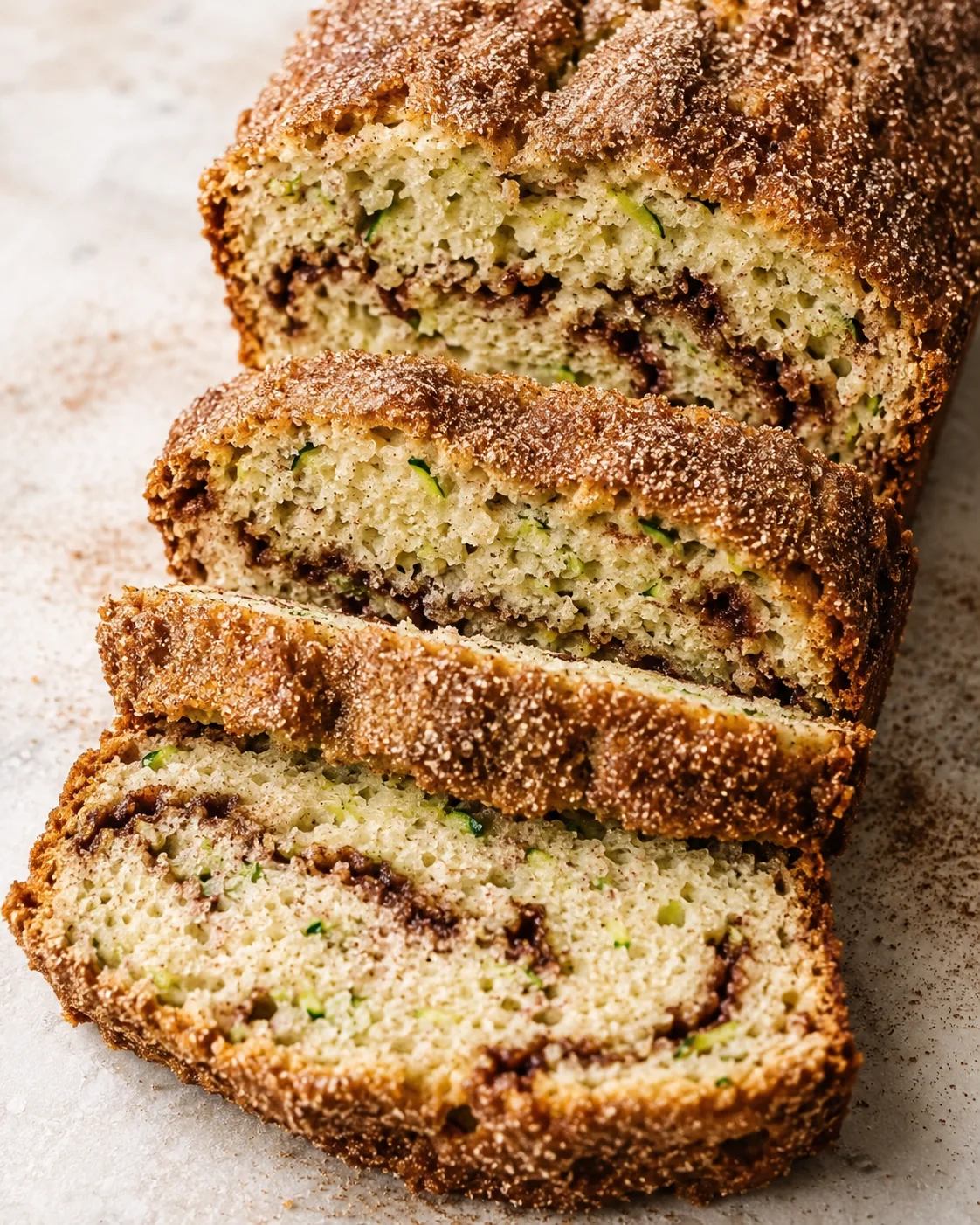Delicious snickerdoodle zucchini bread with crackled cinnamon sugar crust