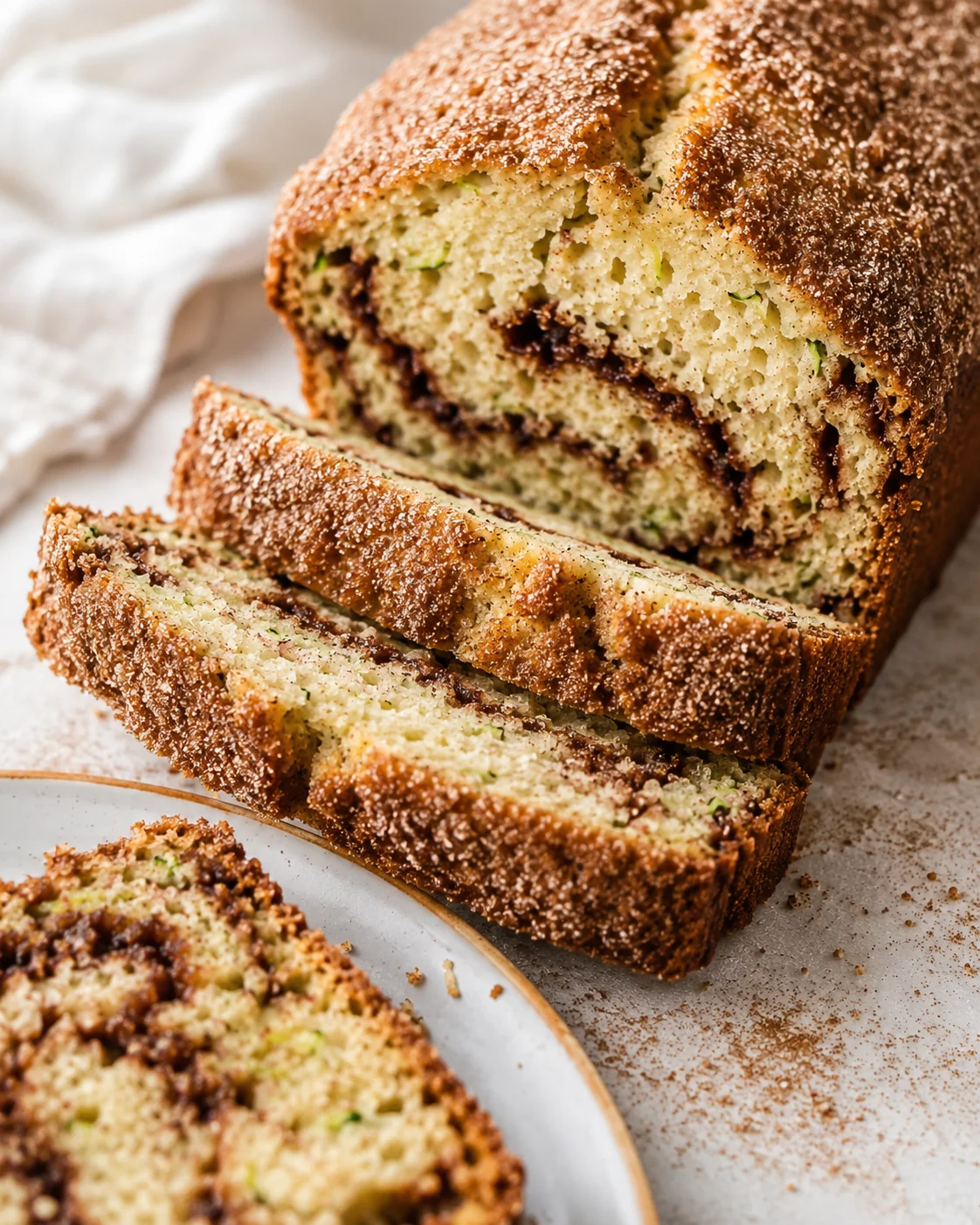 Freshly baked snickerdoodle zucchini bread with a crackly cinnamon sugar crust.