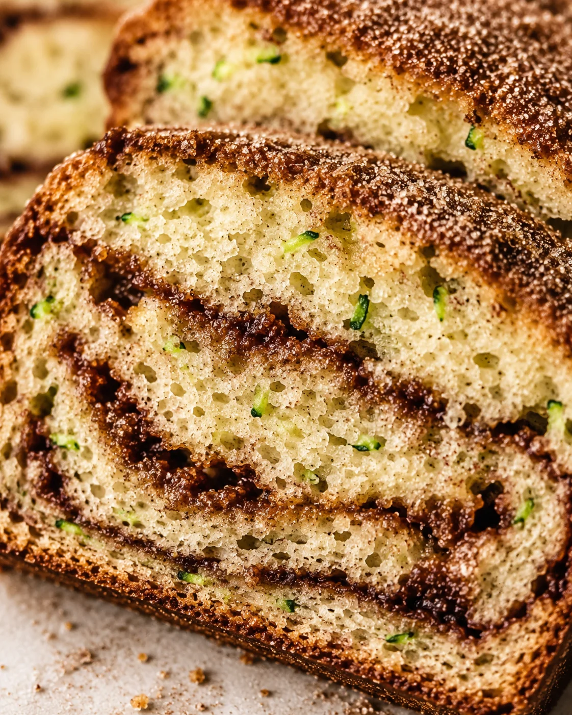 Close-up of freshly baked snickerdoodle zucchini bread with crackled cinnamon sugar crust