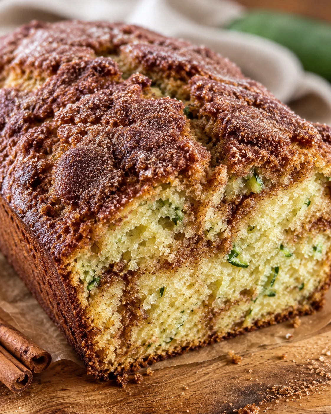 Close-up of moist snickerdoodle zucchini bread with cinnamon sugar swirl topping