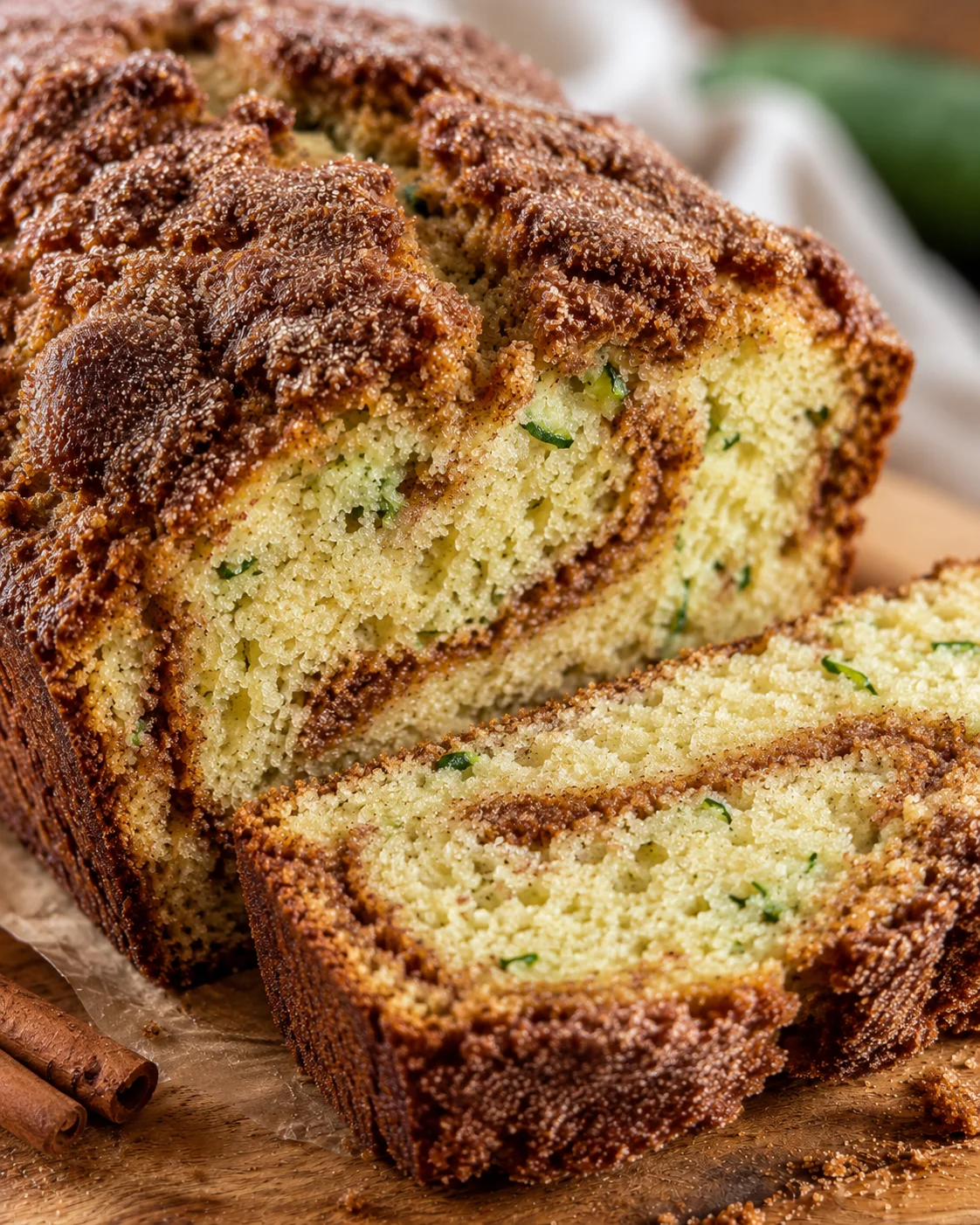 Close-up of moist cinnamon swirled zucchini bread on a wooden surface