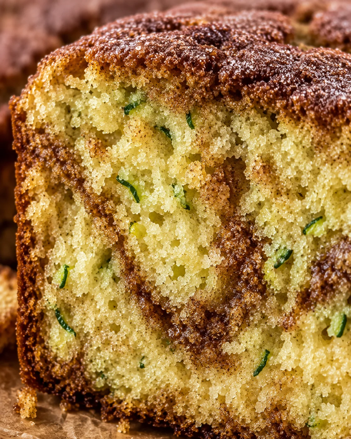 Close-up of moist zucchini bread with cinnamon sugar swirl topping.