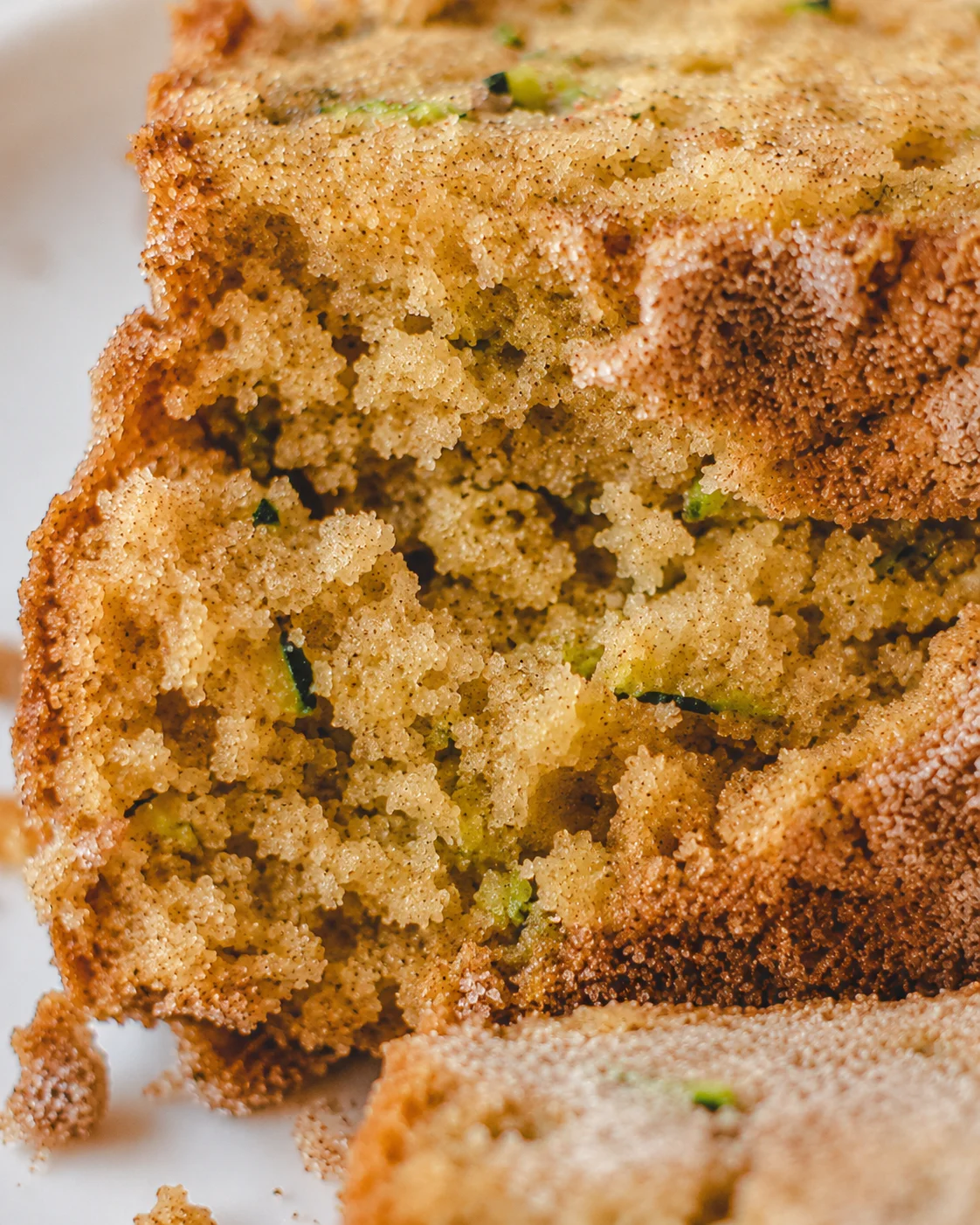 Close-up of freshly baked snickerdoodle zucchini bread showing moist texture and cinnamon topping