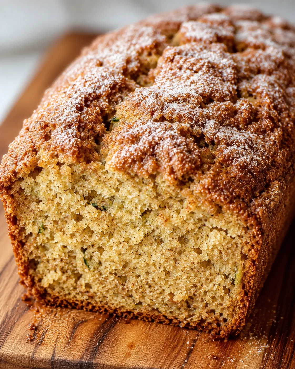 Close-up of a freshly baked, moist zucchini bread topped with cinnamon sugar.