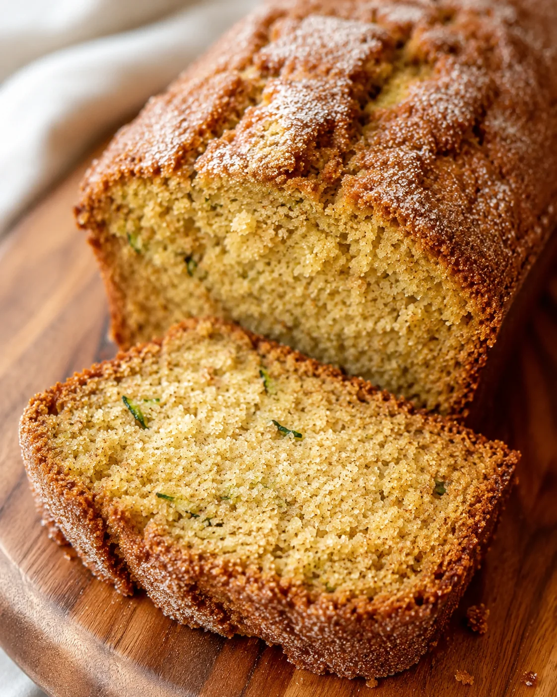 Close-up of moist snickerdoodle zucchini bread loaf with a sliced piece on a wooden surface