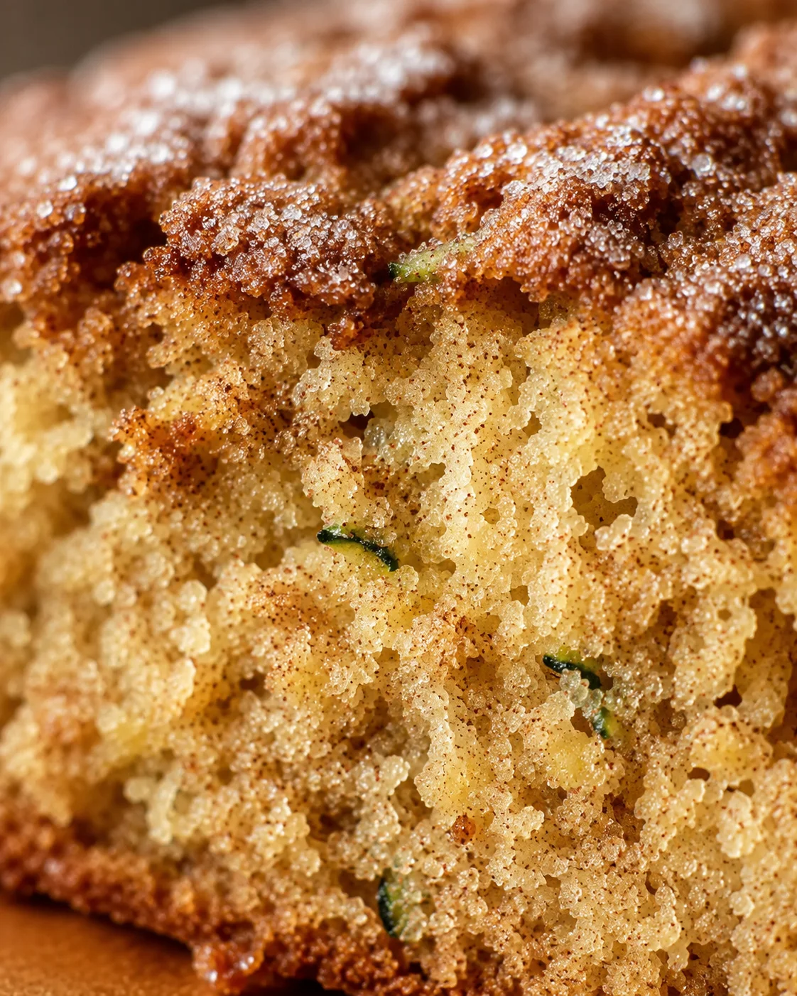 Close-up of moist snickerdoodle zucchini bread with cinnamon sugar crust