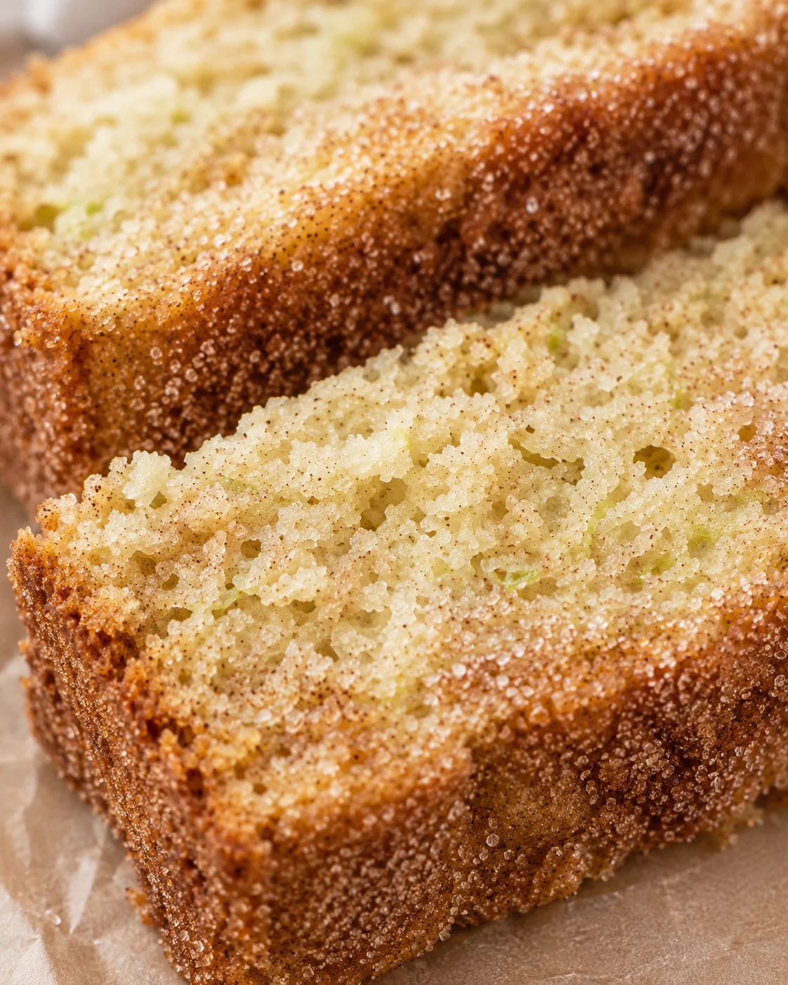 Delicious cinnamon-spiced zucchini bread with a sugar topping, sliced to show moist interior