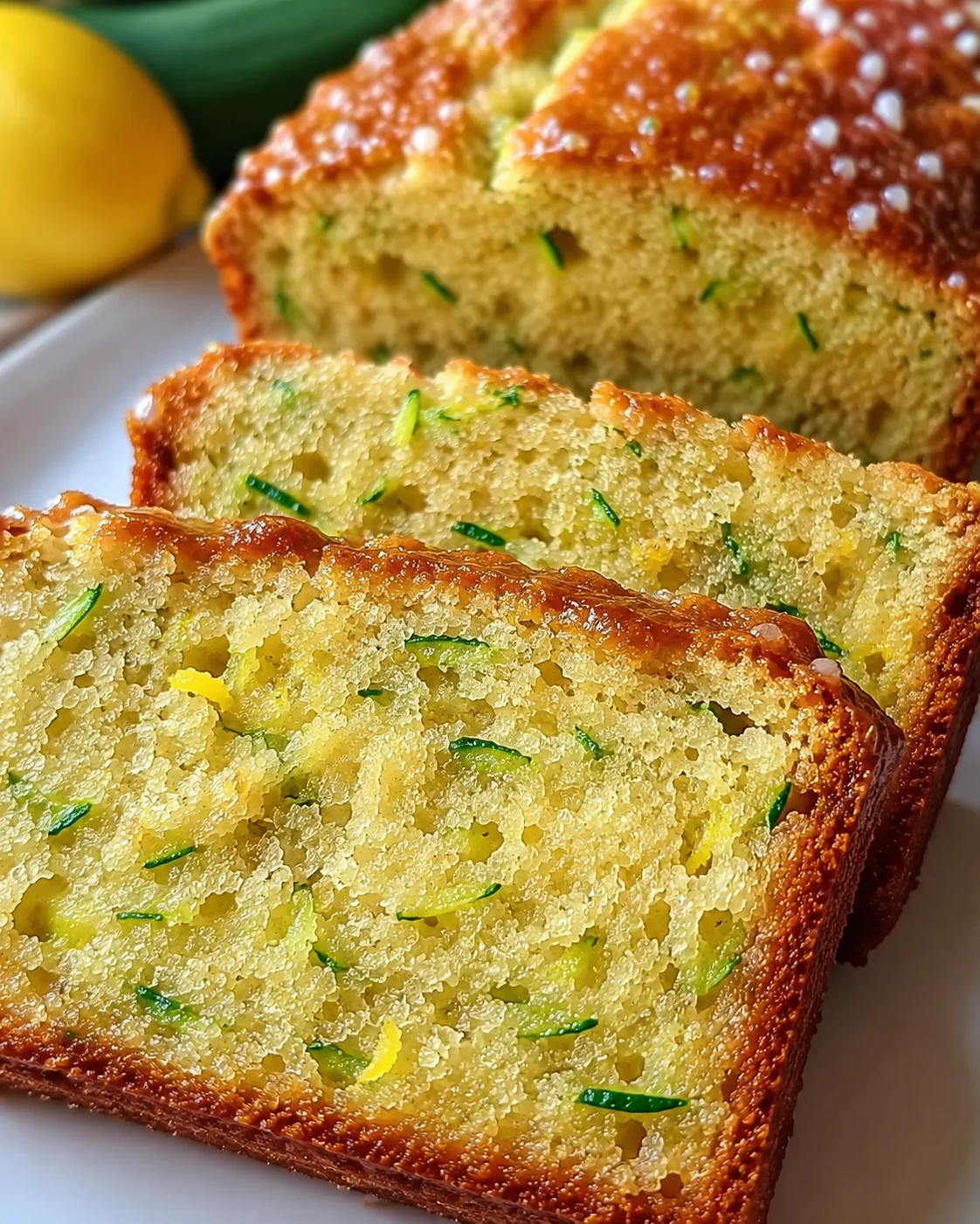 Close-up of moist, lemon zucchini bread slices with green zucchini bits.