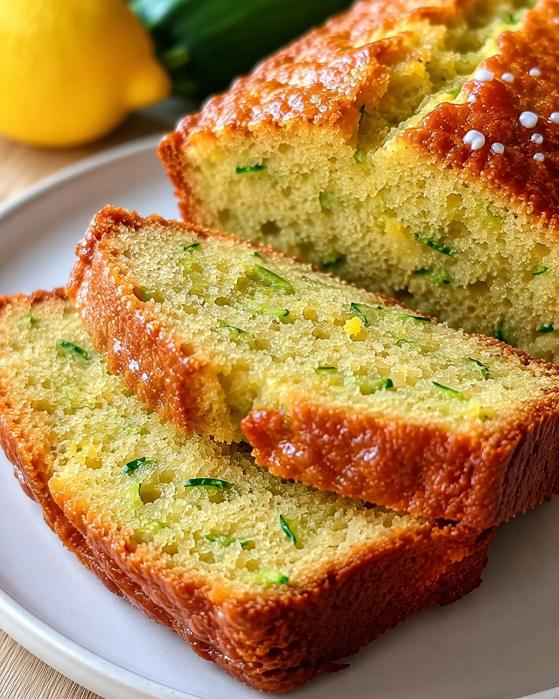 Slice of moist, flavorful lemon zucchini bread with a golden crust on a white plate.
