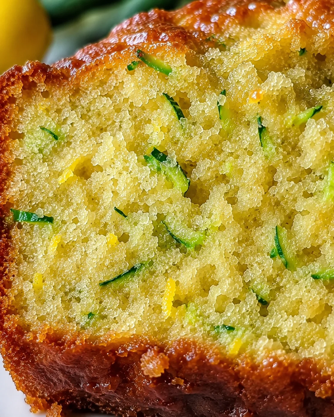Close-up of moist lemon zucchini bread with zucchini pieces and golden crust.