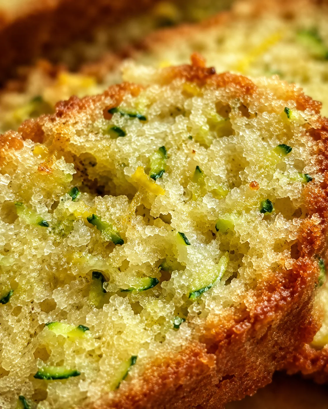 Close-up of moist lemon zucchini bread with a golden crust and green zucchini pieces