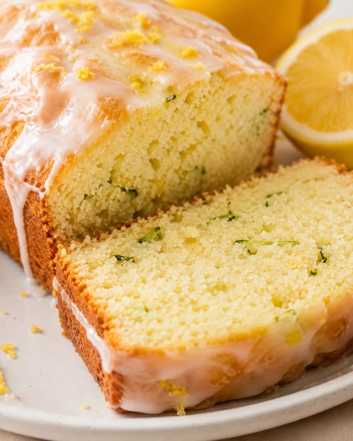 Delicious lemon zucchini bread with a shiny lemon glaze and fresh lemon slices