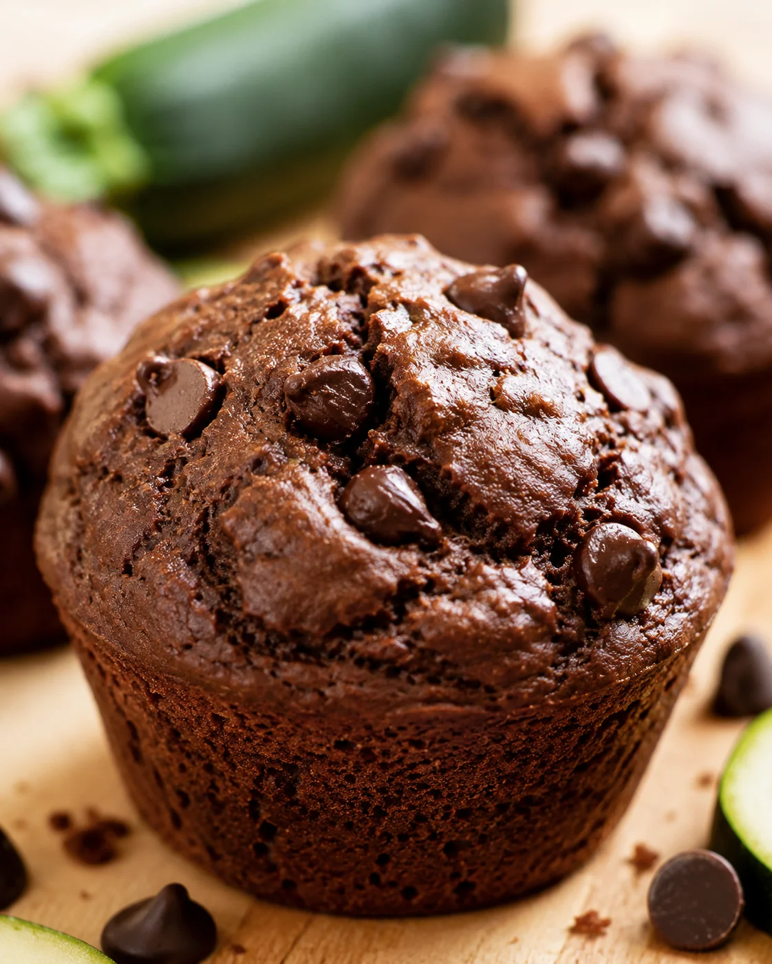 Delicious, moist chocolate muffins with zucchini and melt-in-mouth chocolate chips.