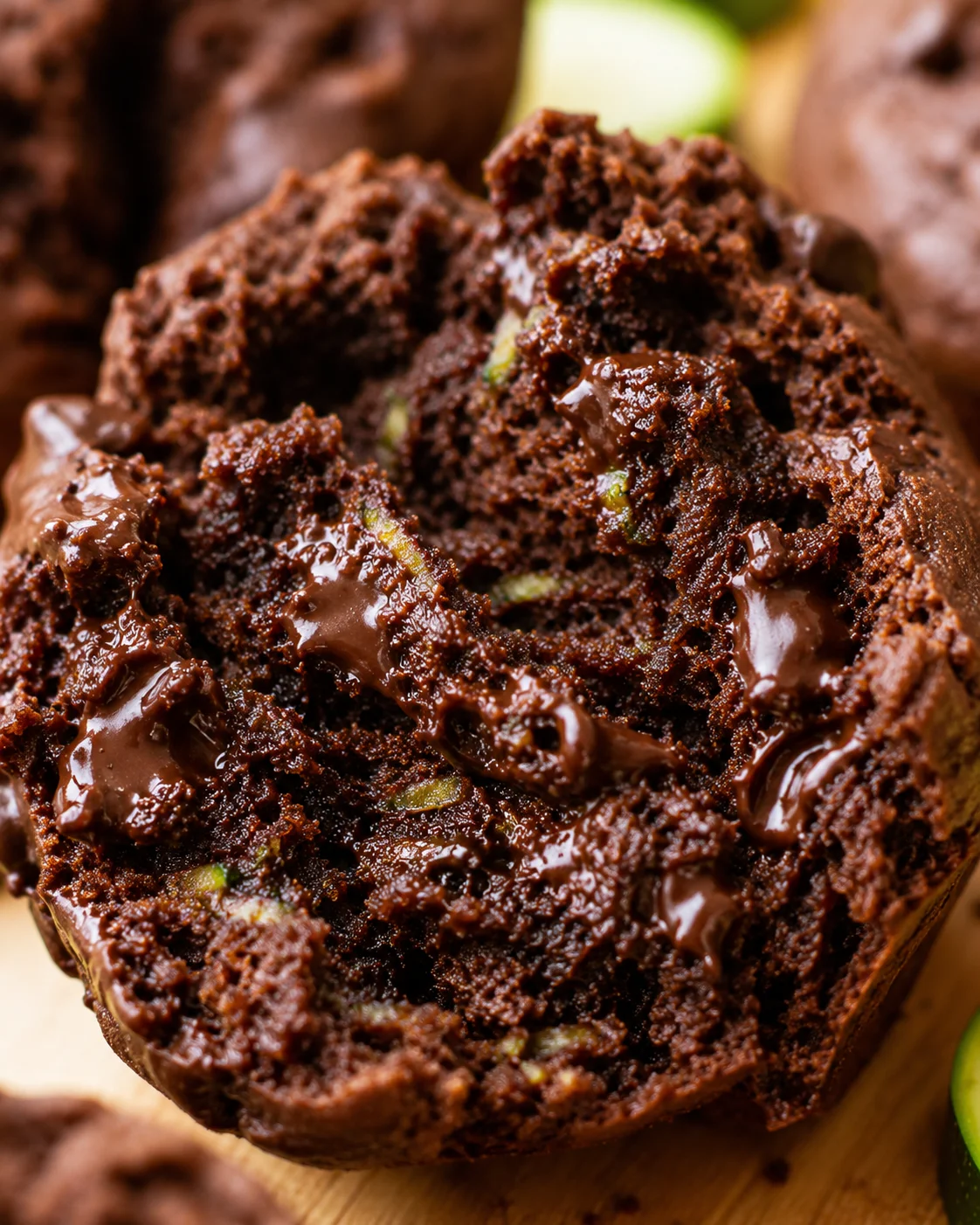 Close-up of a moist, chocolate-stuffed zucchini muffin with chocolate chips visible