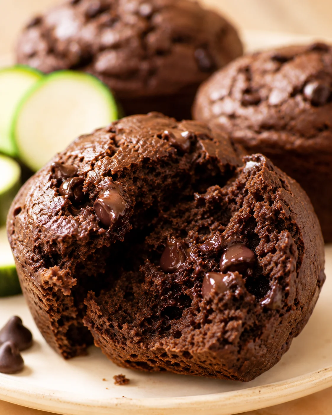 Close-up of chocolate zucchini muffins with fresh zucchini slices in the background.
