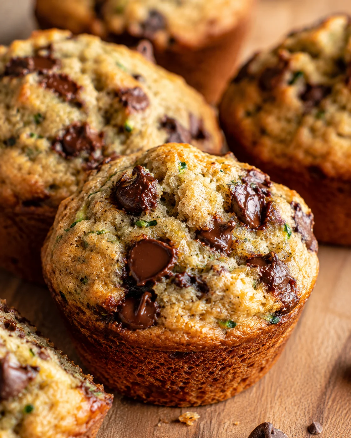 Close-up of moist zucchini chocolate chip muffins fresh from the oven