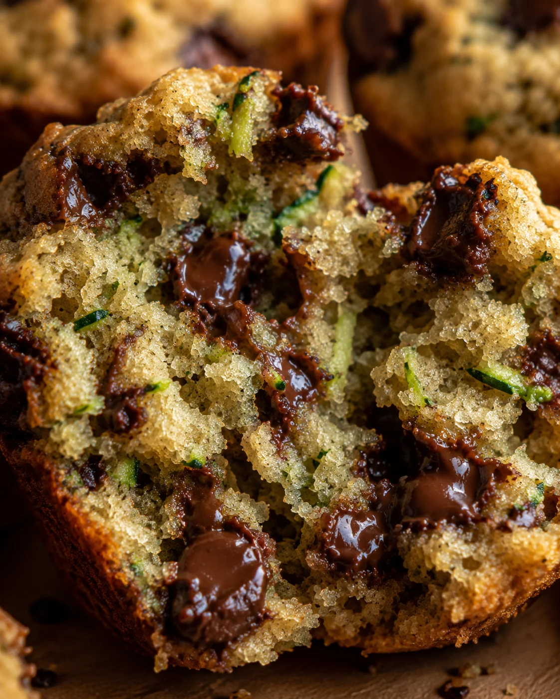 Close-up of moist, chocolate chip zucchini muffins with fresh zucchini inside