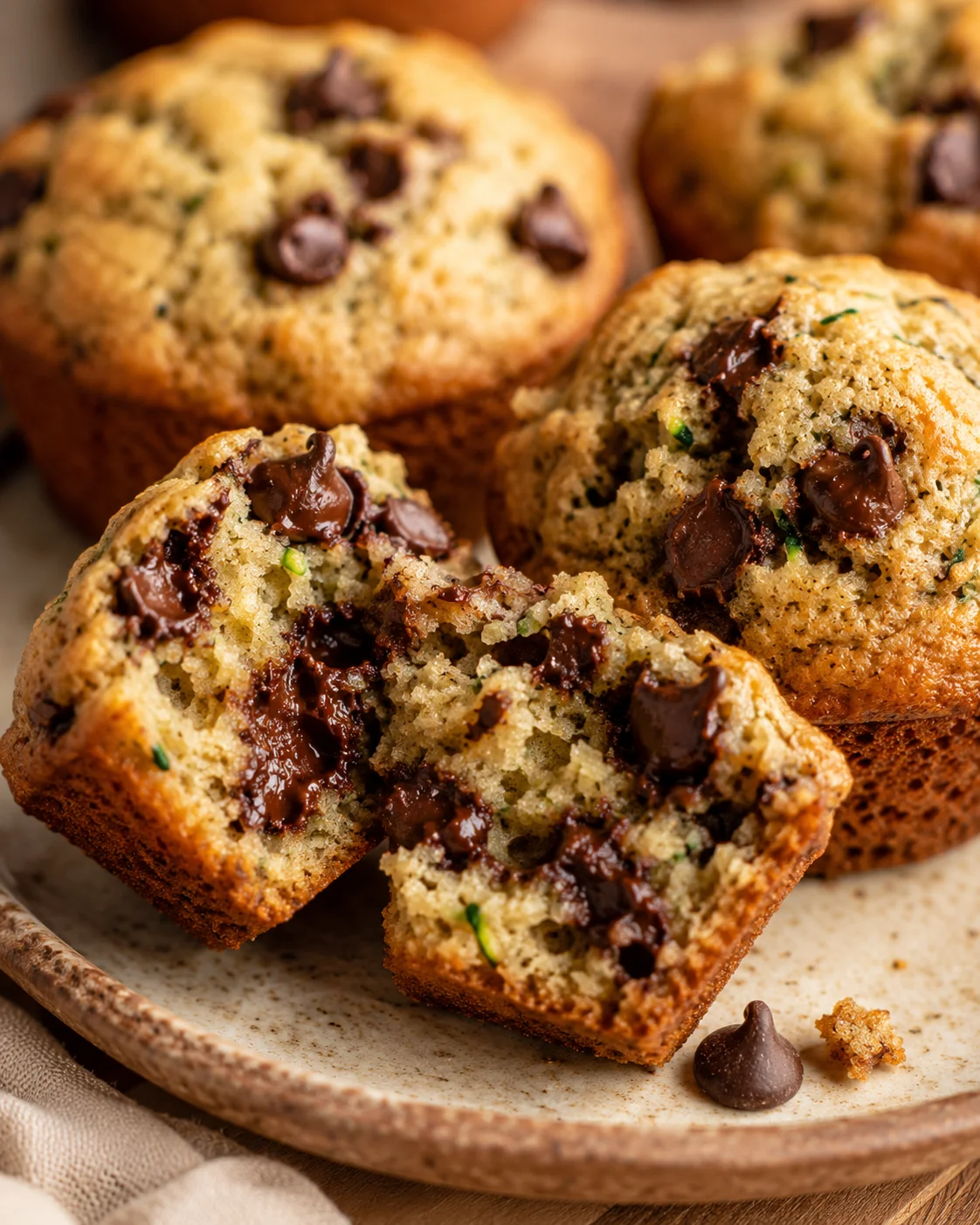 Delicious freshly baked zucchini chocolate chip muffins with melted chocolate and warm spices.